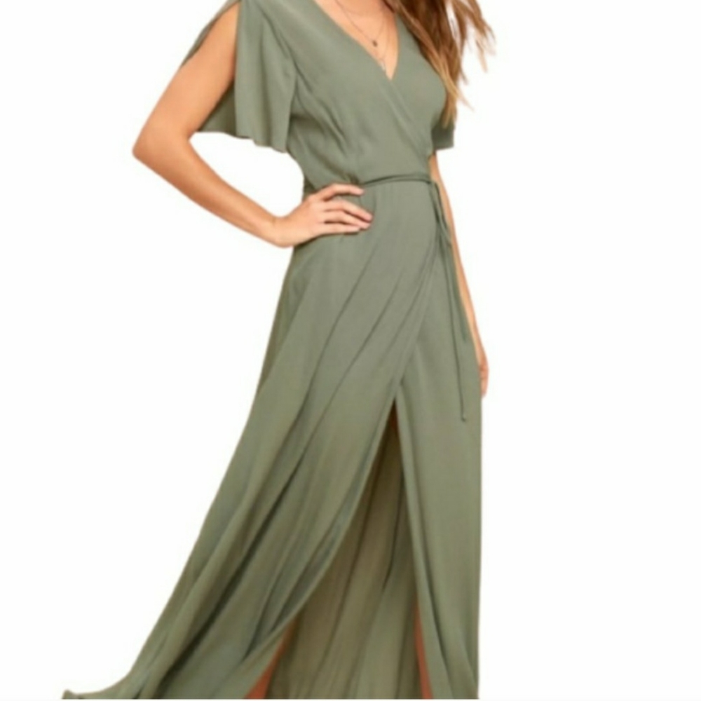 Lulus Olive Wrap Maxi Dress Flutter Sleeves